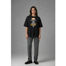 Posh Cabal F01067 Baskılı Oversize Siyah Kadın T-Shirt