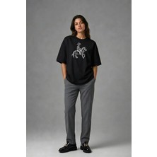 Posh Cabal F01051 Baskılı Oversize Siyah Kadın T-Shirt