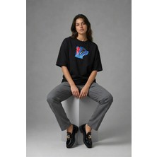 Posh Cabal F02060 Baskılı Oversize Siyah Kadın T-Shirt