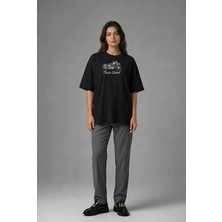 Posh Cabal F01072 Baskılı Oversize Siyah Kadın T-Shirt