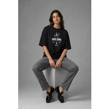 Posh Cabal F01055 Baskılı Oversize Siyah Kadın T-Shirt