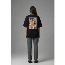 Posh Cabal A02053 Baskılı Oversize Siyah Kadın T-Shirt