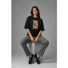 Posh Cabal F01040 Baskılı Oversize Siyah Kadın T-Shirt