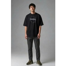Posh Cabal F02042 Baskılı Oversize Siyah Erkek T-Shirt