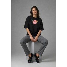 Posh Cabal F02020 Baskılı Oversize Siyah Kadın T-Shirt