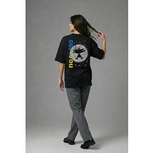 Posh Cabal A01043 Baskılı Oversize Siyah Kadın T-Shirt