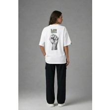 Posh Cabal A02108 Baskılı Oversize Beyaz Kadın T-Shirt