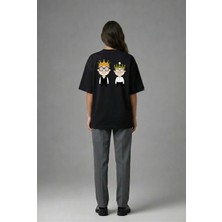 Posh Cabal A02031 Baskılı Oversize Siyah Kadın T-Shirt