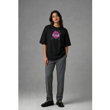 Posh Cabal F02009 Baskılı Oversize Siyah Kadın T-Shirt