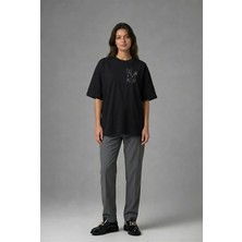 Posh Cabal G01127 Baskılı Oversize Siyah Kadın T-Shirt