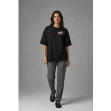 Posh Cabal G02083 Baskılı Oversize Siyah Kadın T-Shirt