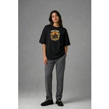 Posh Cabal F02129 Baskılı Oversize Siyah Kadın T-Shirt