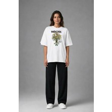 Posh Cabal F03112 Baskılı Oversize Beyaz Kadın T-Shirt