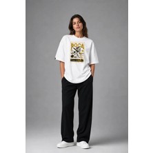 Posh Cabal F03086 Baskılı Oversize Beyaz Kadın T-Shirt