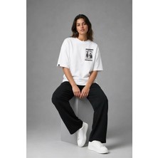 Posh Cabal G02050 Baskılı Oversize Beyaz Kadın T-Shirt