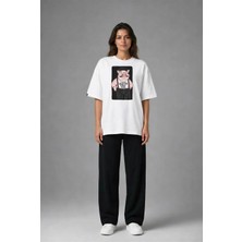 Posh Cabal F03062 Baskılı Oversize Beyaz Kadın T-Shirt