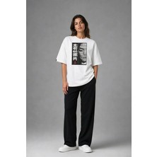 Posh Cabal F03129 Baskılı Oversize Beyaz Kadın T-Shirt