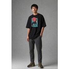 Posh Cabal F02124 Baskılı Oversize Siyah Erkek T-Shirt