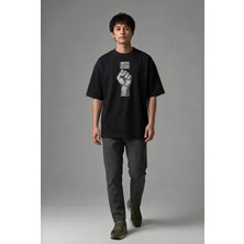 Posh Cabal F02108 Baskılı Oversize Siyah Erkek T-Shirt