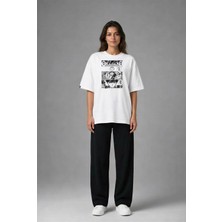 Posh Cabal F03007 Baskılı Oversize Beyaz Kadın T-Shirt