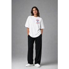 Posh Cabal G03106 Baskılı Oversize Beyaz Kadın T-Shirt