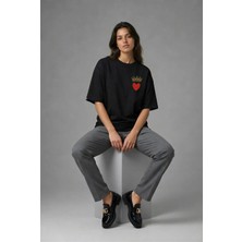Posh Cabal G02110 Baskılı Oversize Siyah Kadın T-Shirt