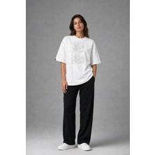Posh Cabal F03009 Baskılı Oversize Beyaz Kadın T-Shirt