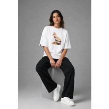 Posh Cabal F02140 Baskılı Oversize Beyaz Kadın T-Shirt