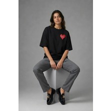 Posh Cabal G01020 Baskılı Oversize Siyah Kadın T-Shirt