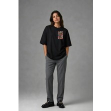 Posh Cabal G02051 Baskılı Oversize Siyah Kadın T-Shirt