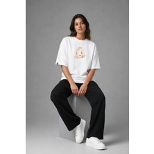 Posh Cabal F02115 Baskılı Oversize Beyaz Kadın T-Shirt