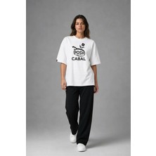 Posh Cabal F03043 Baskılı Oversize Beyaz Kadın T-Shirt