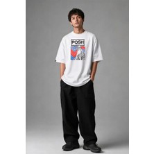 Posh Cabal F03121 Baskılı Oversize Beyaz Erkek T-Shirt