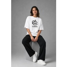 Posh Cabal F03045 Baskılı Oversize Beyaz Kadın T-Shirt