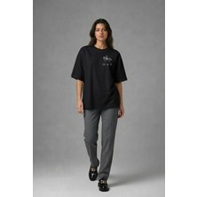Posh Cabal G01053 Baskılı Oversize Siyah Kadın T-Shirt