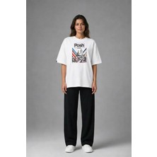 Posh Cabal F03122 Baskılı Oversize Beyaz Kadın T-Shirt