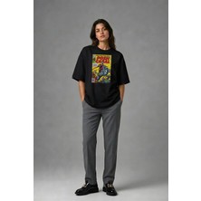 Posh Cabal F02131 Baskılı Oversize Siyah Kadın T-Shirt