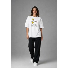 Posh Cabal F03033 Baskılı Oversize Beyaz Kadın T-Shirt