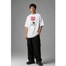 Posh Cabal F03149 Baskılı Oversize Beyaz Erkek T-Shirt
