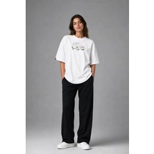Posh Cabal F03061 Baskılı Oversize Beyaz Kadın T-Shirt
