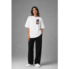 Posh Cabal G02054 Baskılı Oversize Beyaz Kadın T-Shirt
