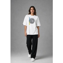 Posh Cabal F02063 Baskılı Oversize Beyaz Kadın T-Shirt