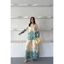 Neşeli Butik Kadın Bej Ithal Kumaş Desenli Gömlek Pantolon Ikili Tasarım Takım NBMS2687