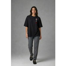 Posh Cabal G01033 Baskılı Oversize Siyah Kadın T-Shirt