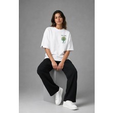 Posh Cabal G03115 Baskılı Oversize Beyaz Kadın T-Shirt