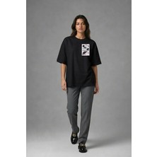 Posh Cabal G02138 Baskılı Oversize Siyah Kadın T-Shirt
