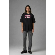 Posh Cabal F02097 Baskılı Oversize Siyah Kadın T-Shirt
