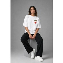 Posh Cabal G02110 Baskılı Oversize Beyaz Kadın T-Shirt