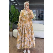 Neşeli Butik Kadın Sarı Hakim Yaka Düğmeli Viskon Çiçek Desenli Tesettür Elbise NMS099