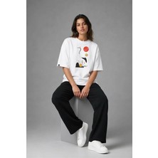 Posh Cabal F02075 Baskılı Oversize Beyaz Kadın T-Shirt